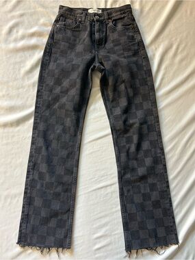 MANGO Black Grey Checkered Straight Leg Jeans Raw Hem Size 2